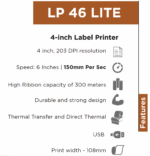 TVS LP 46 Lite 4inch Thermal Label Printer, Print Speed 150 MMs, Ribbon Capacity of 300 Meters, Compact Design, Resolution of 203 dpi, USB - Image 3