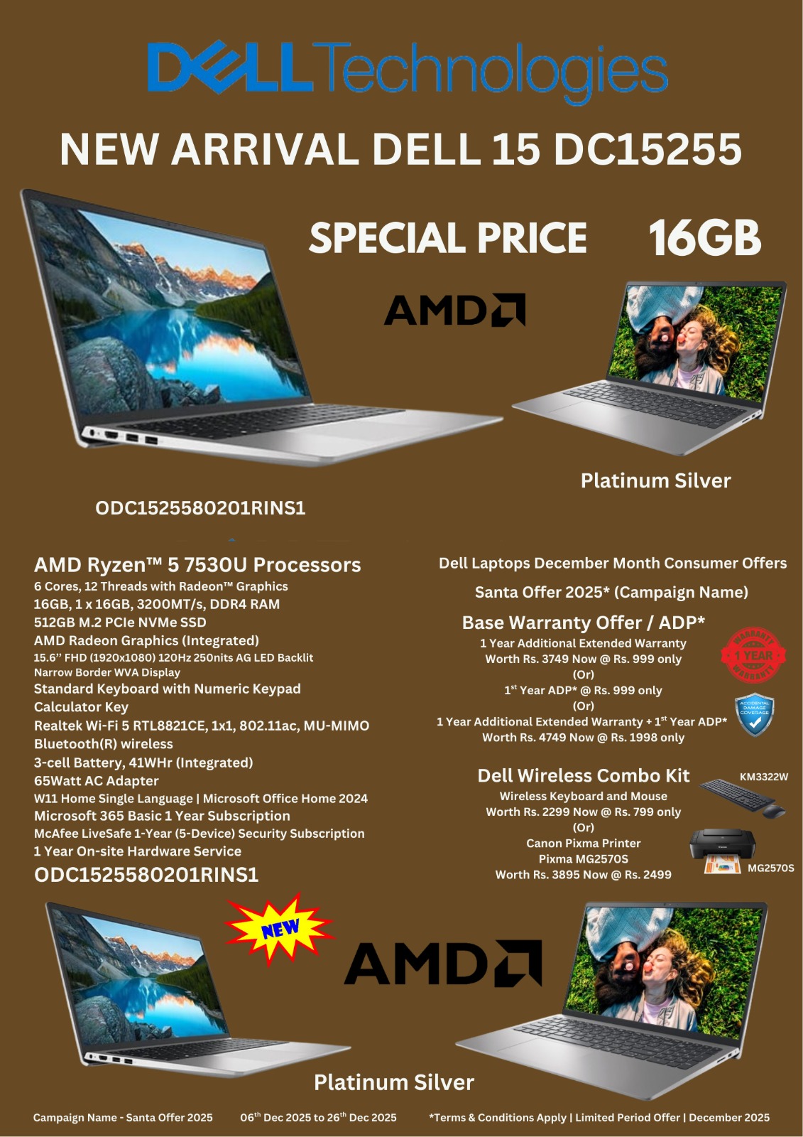 Dell 15 Ryzen 5 7530U Laptop | 16GB RAM, 512GB SSD, 120Hz FHD IPS | Windows 11, MSO 2024 I with Bag