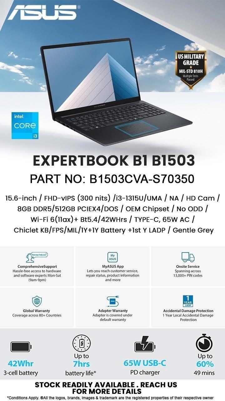 ASUS ExpertBook i3 13th Gen Business Laptop | 8GB RAM, 512GB SSD, 15.6” FHD IPS, With Bag