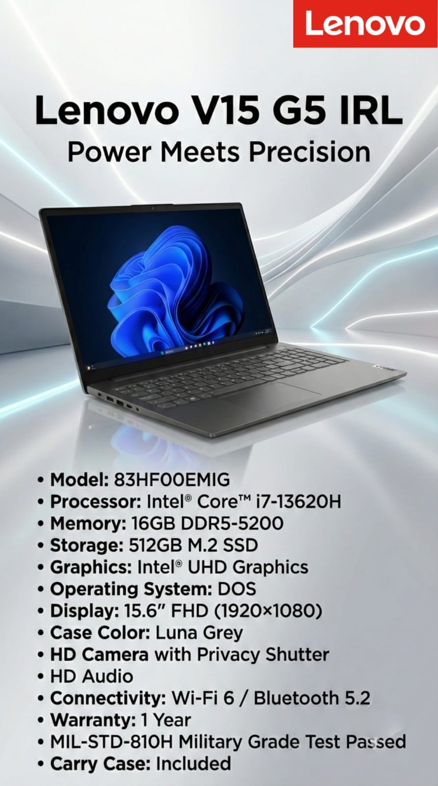 Lenovo V15 G5 IRL Laptop | Intel Core i7-13620H | 16GB DDR5 RAM | 512GB SSD | 15.6” FHD Display
