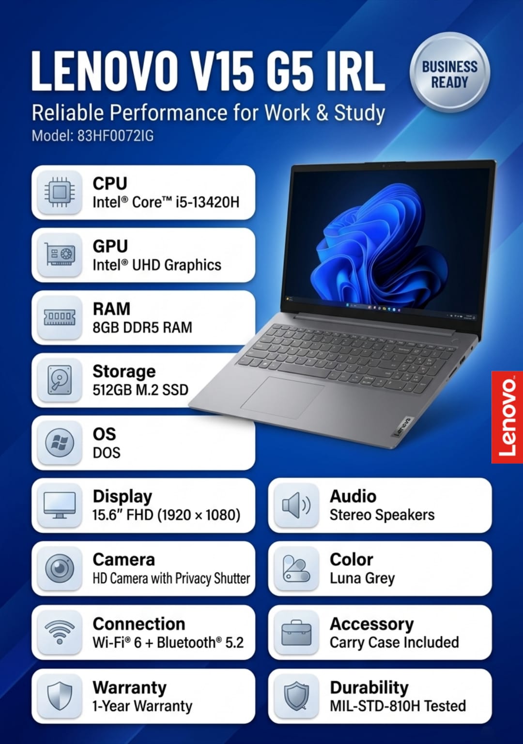 Lenovo V15 G5 IRL Laptop | Intel Core i5-13420H | 8GB DDR5 RAM | 512GB SSD | 15.6” FHD | Luna Grey